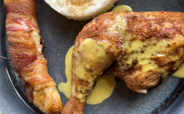 Smoked BBQ Chicken with Curry Sauce and Bacon-Wrapped Bananas
