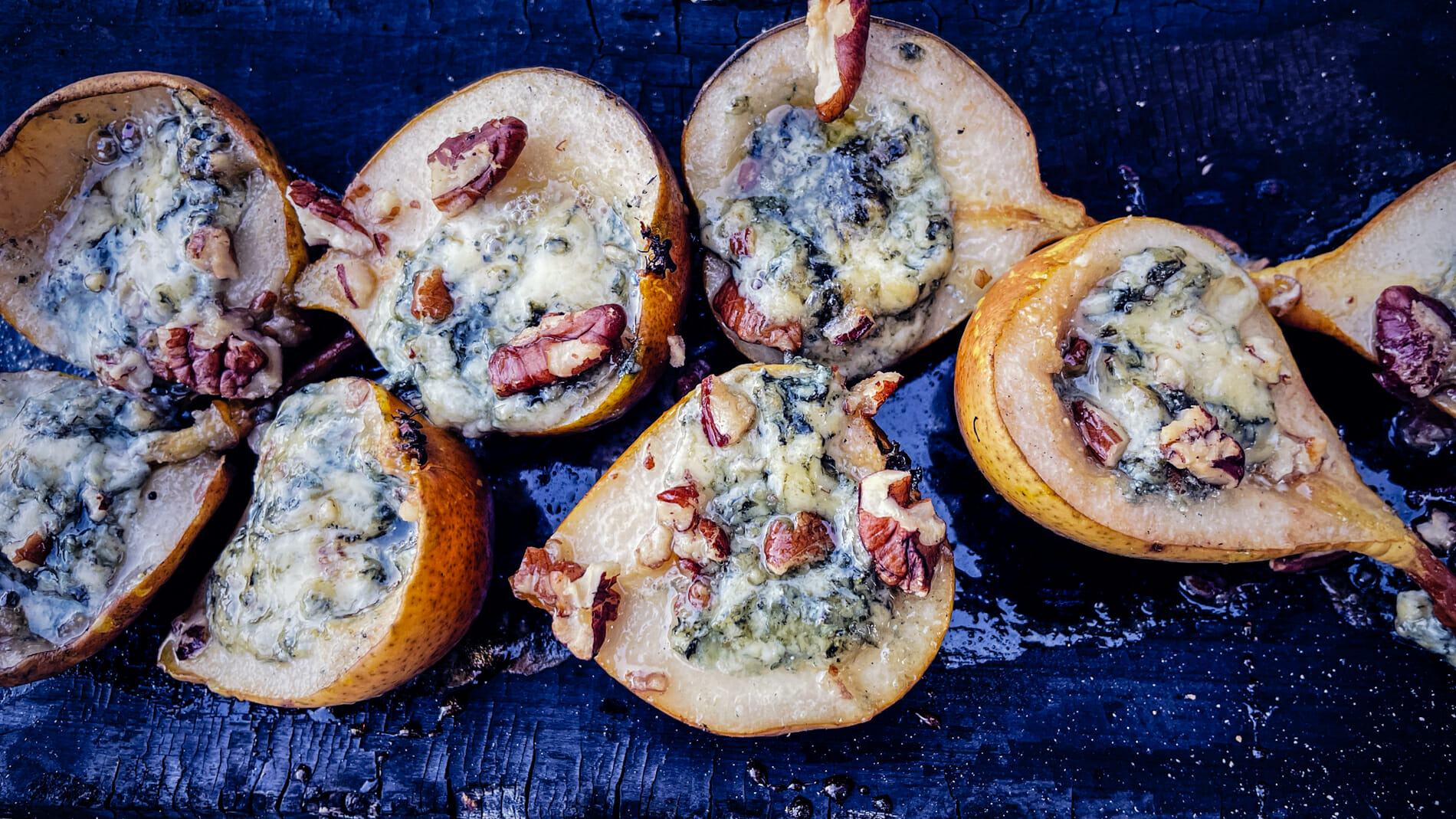 Blue Cheese, Honey & Pecan Stuffed Pears on Cedar Plank