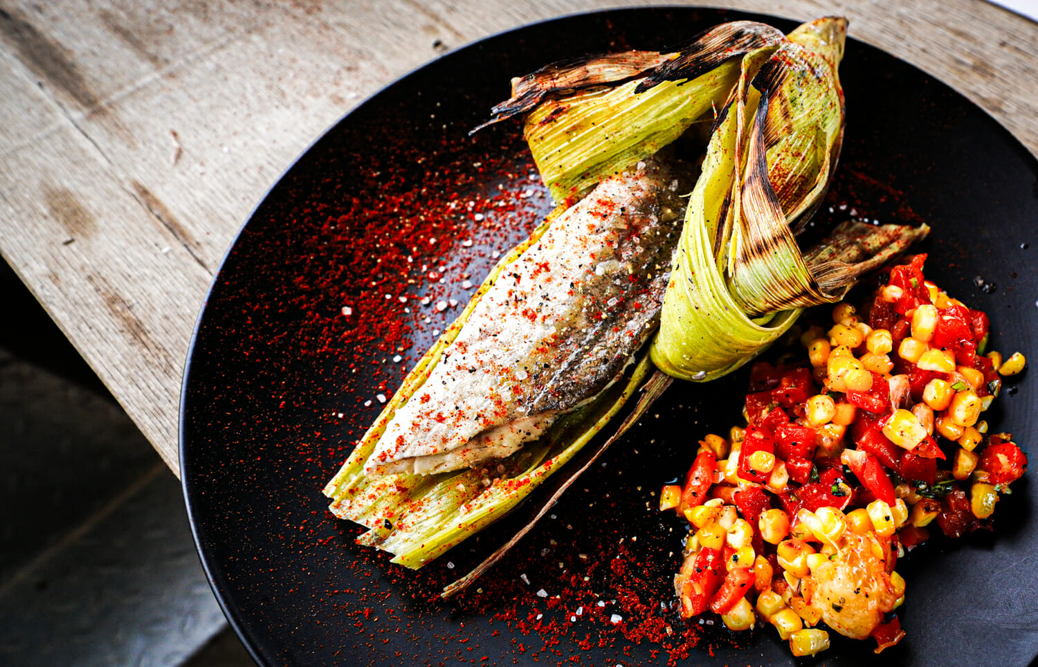 Grilled Fish in Corn Husk Packet, with Grilled Corn Salad and Basil-Jalapeño Butter