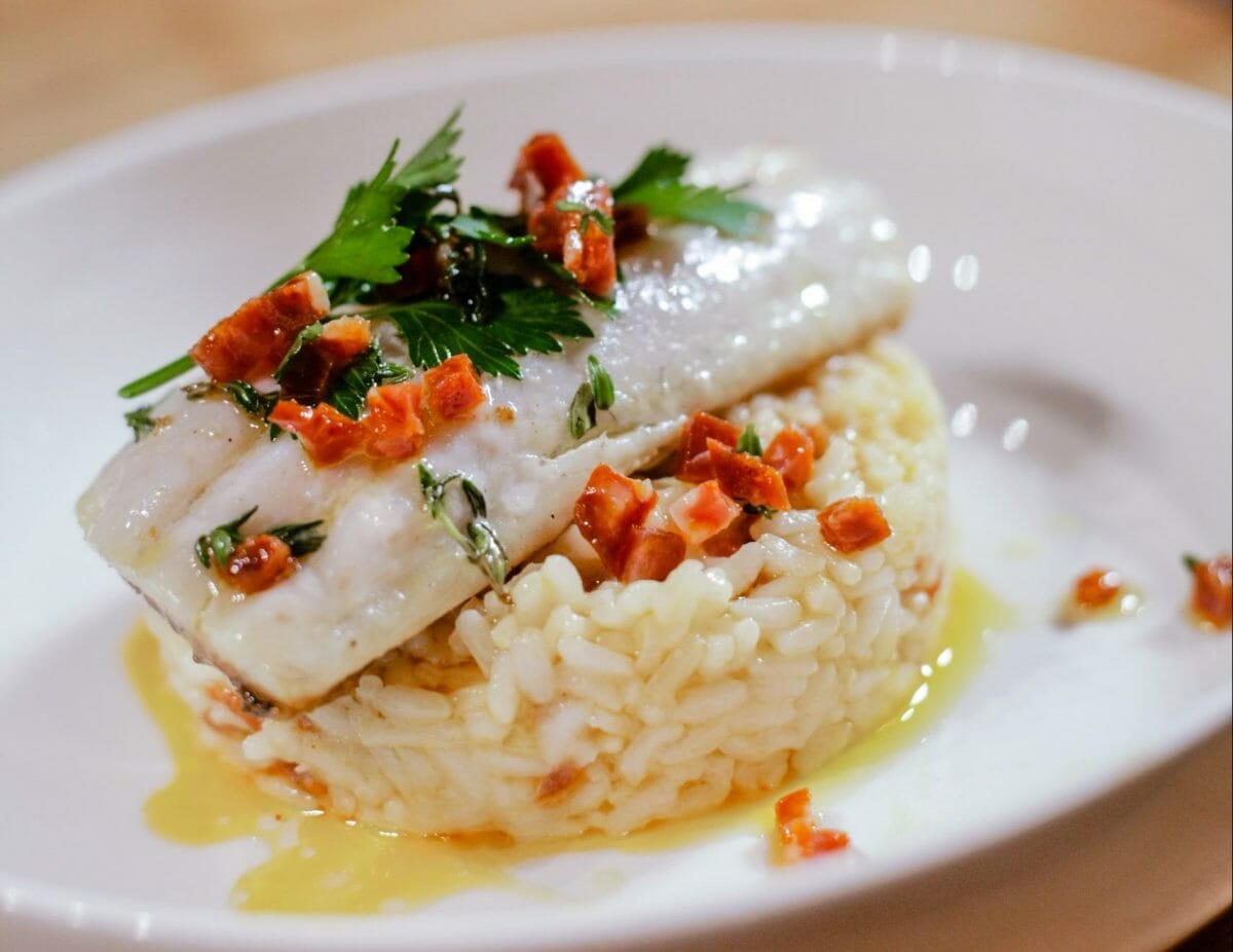 Sea Bass Fillets on the Griddle, Chorizo Risotto