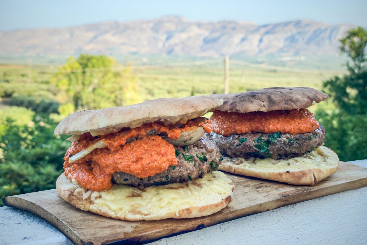 Grilled Lamb Patty Melt, Pepper, Walnut & Pomegranate Sauce